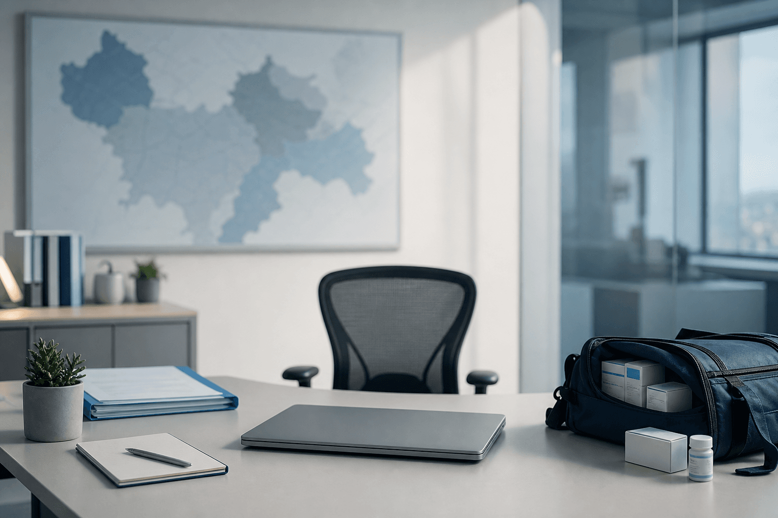 Empty pharmaceutical sales territory desk with a closed laptop and a blank territory map during a product launch.