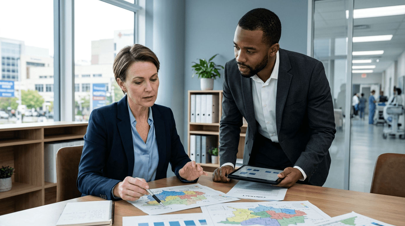 Medical device sales leader reviewing territory coverage plans with an outsourced rep in a professional healthcare business setting.