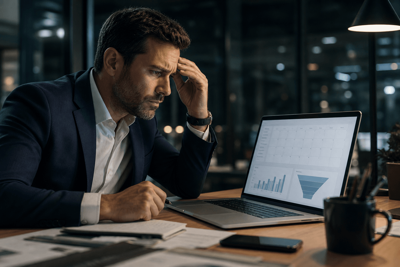 Frustrated commercial leader reviewing an empty sales pipeline dashboard late at night.