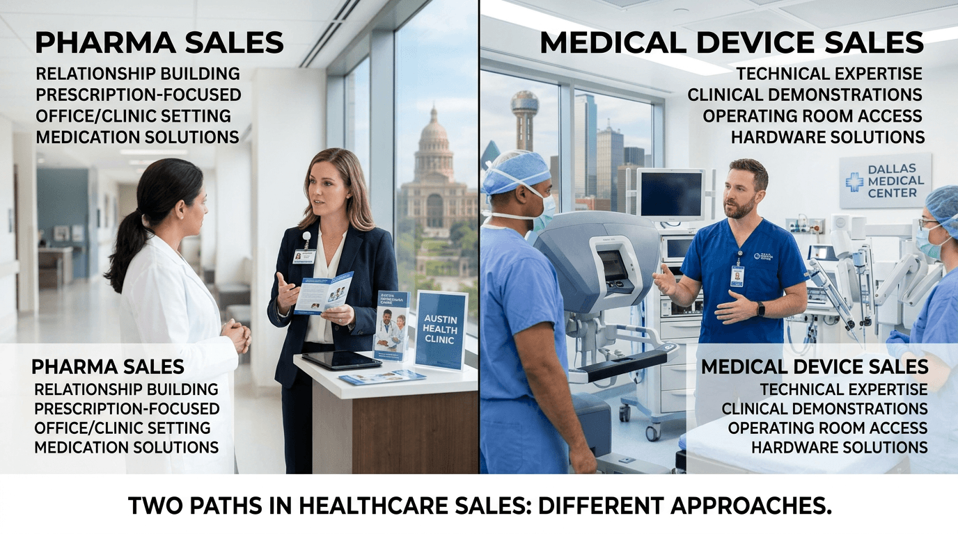Pharma vs device sales comparison; different hiring and sales approaches for medical device.