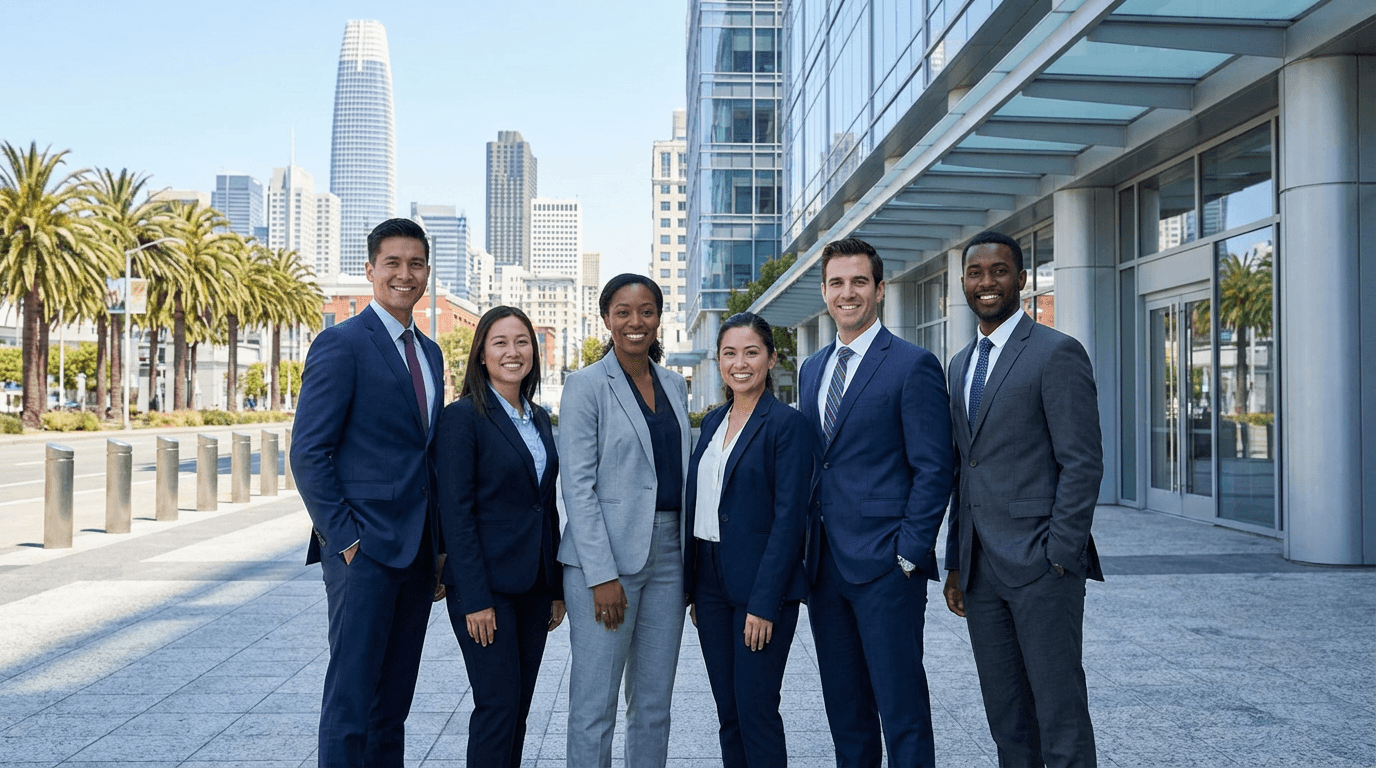 Medical sales representatives in business attire standing in front of a California city skyline.