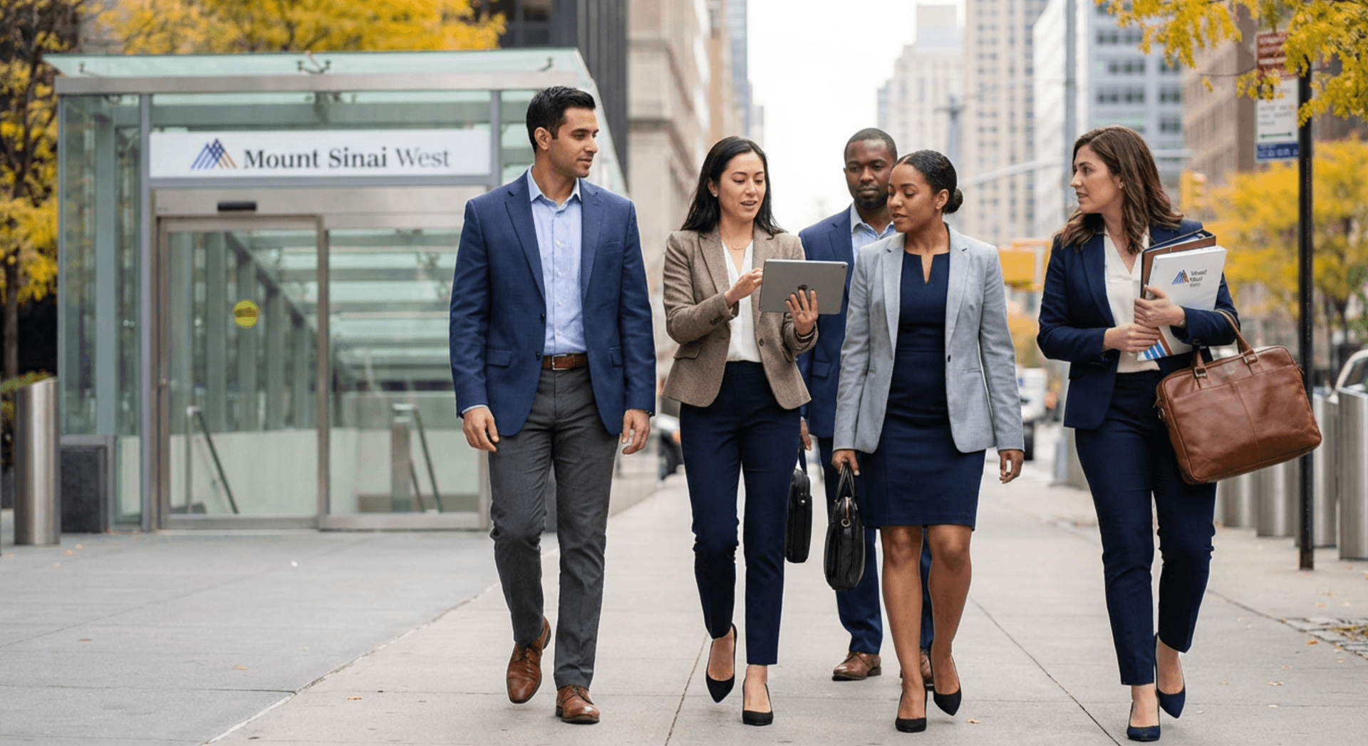 Diverse medical sales representatives walking together outside a New York City hospital, discussing territory strategy.