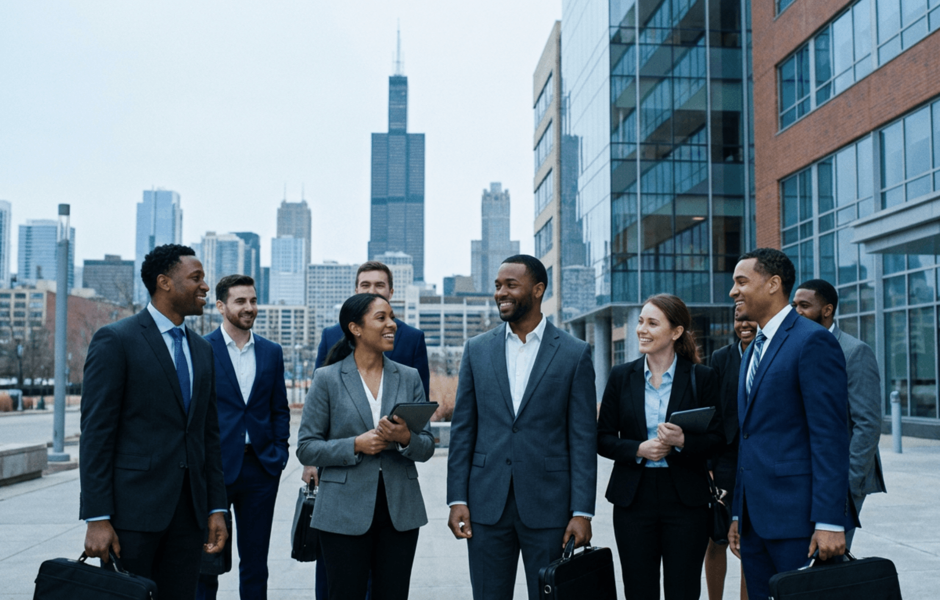 Medical sales representatives in business attire standing together outside an office in Chicago, with the downtown skyline in the background.