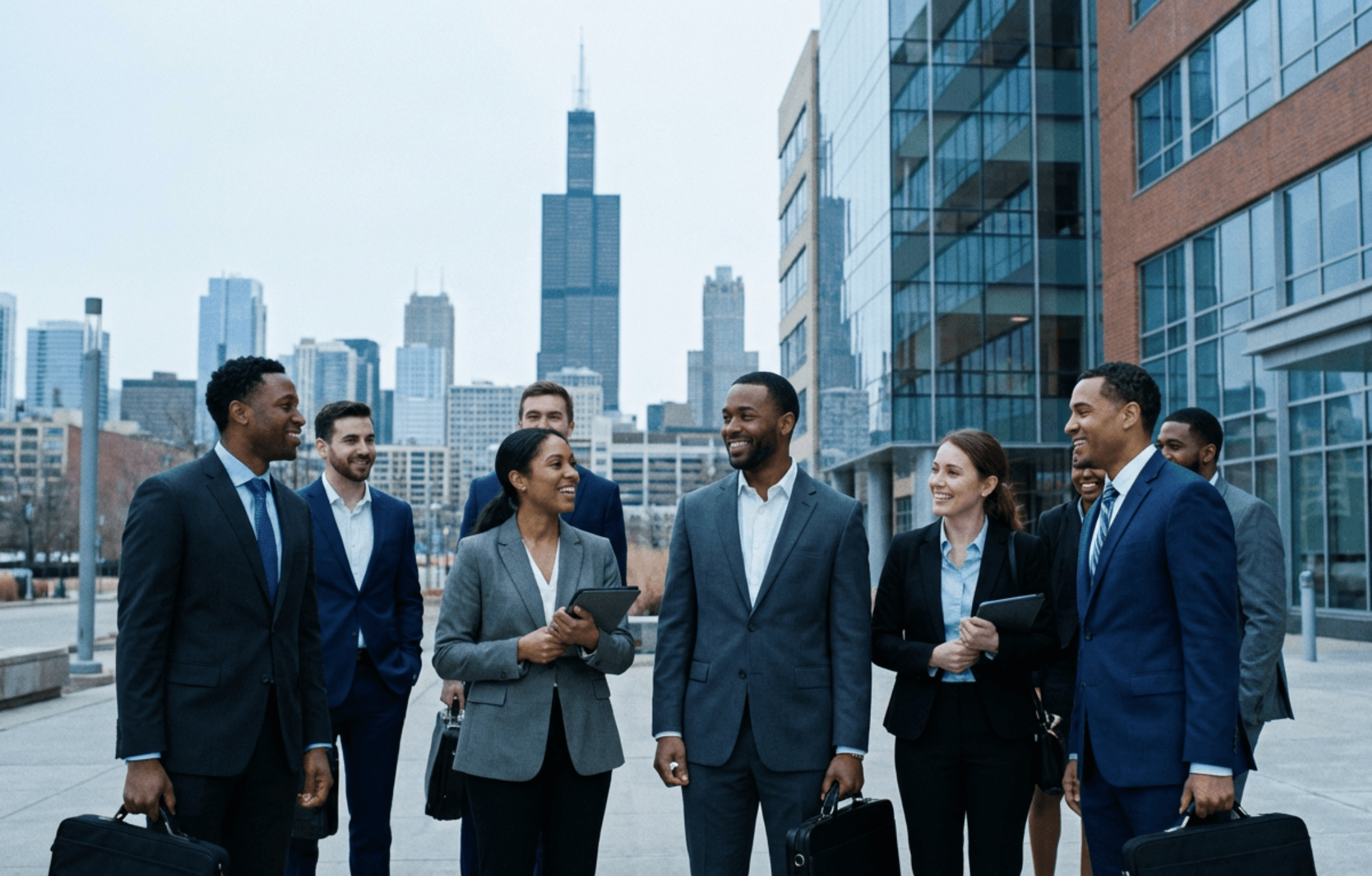 Medical sales representatives in business attire standing together outside an office in Chicago, with the downtown skyline in the background.