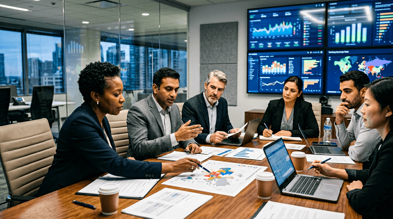 Pharmaceutical commercial leaders reviewing hiring timeline delays and territory coverage strategy in a data-driven business meeting.