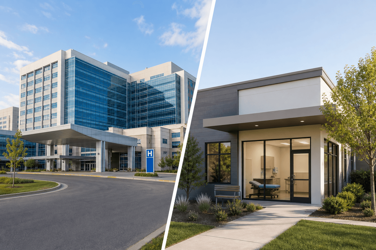 Visual comparison of a large hospital building and a small specialty clinic representing different sales channels.