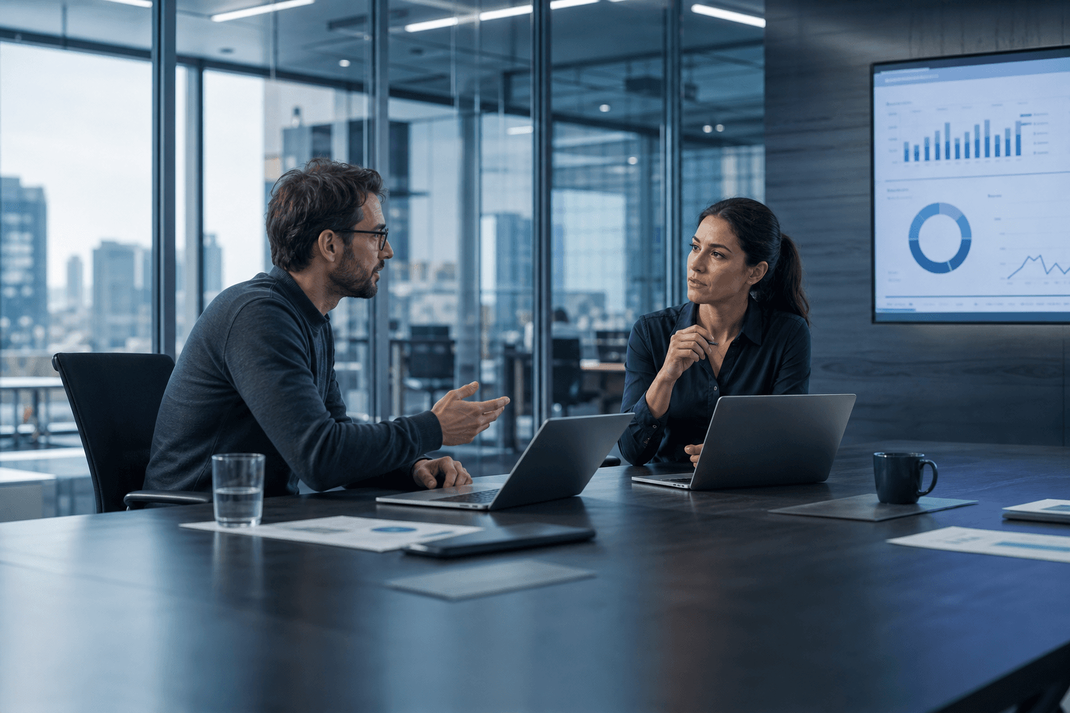 Health-tech founders discussing commercial hiring strategy in a modern boardroom.