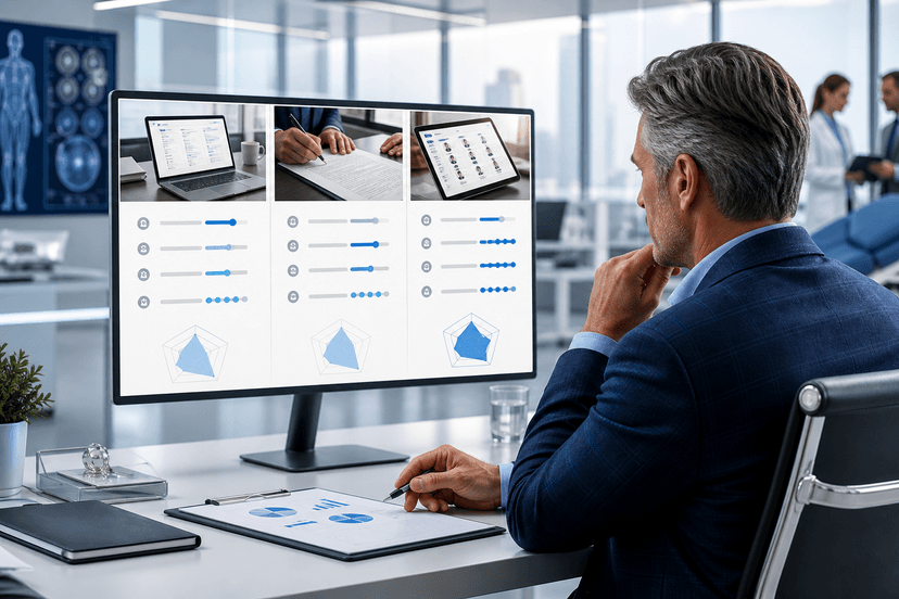 Healthcare commercial leader comparing hiring options — job board, recruiter, and contractor marketplace — with cost and timeline planning documents on a desk.