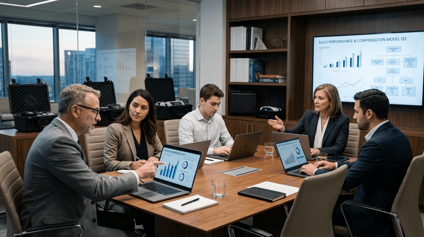 Medical device sales leaders reviewing compensation benchmarks and territory performance in a professional strategy session.