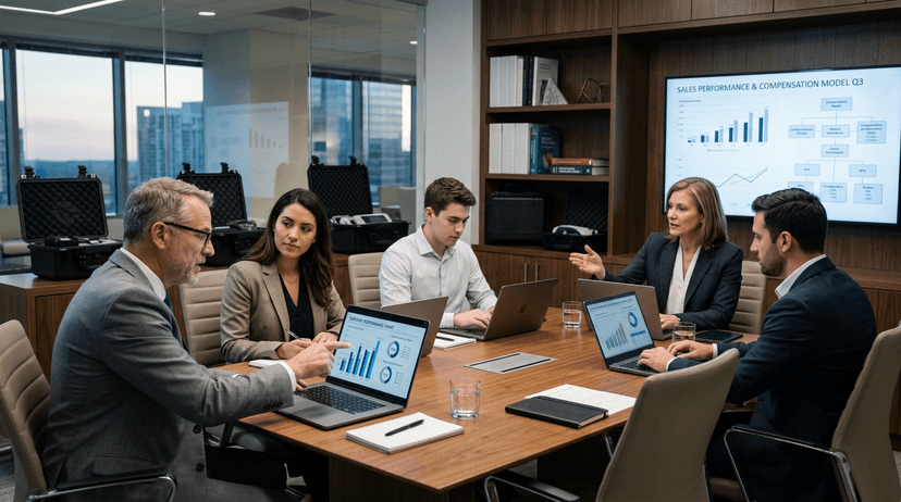 Medical device sales leaders reviewing compensation benchmarks and territory performance in a professional strategy session.