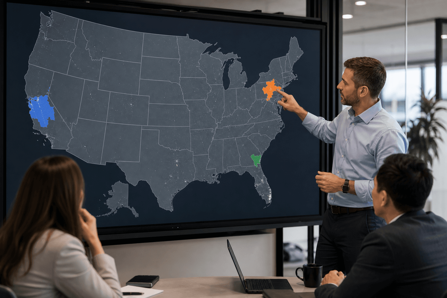 Sales director analyzing a digital map of geographic territories for market testing.