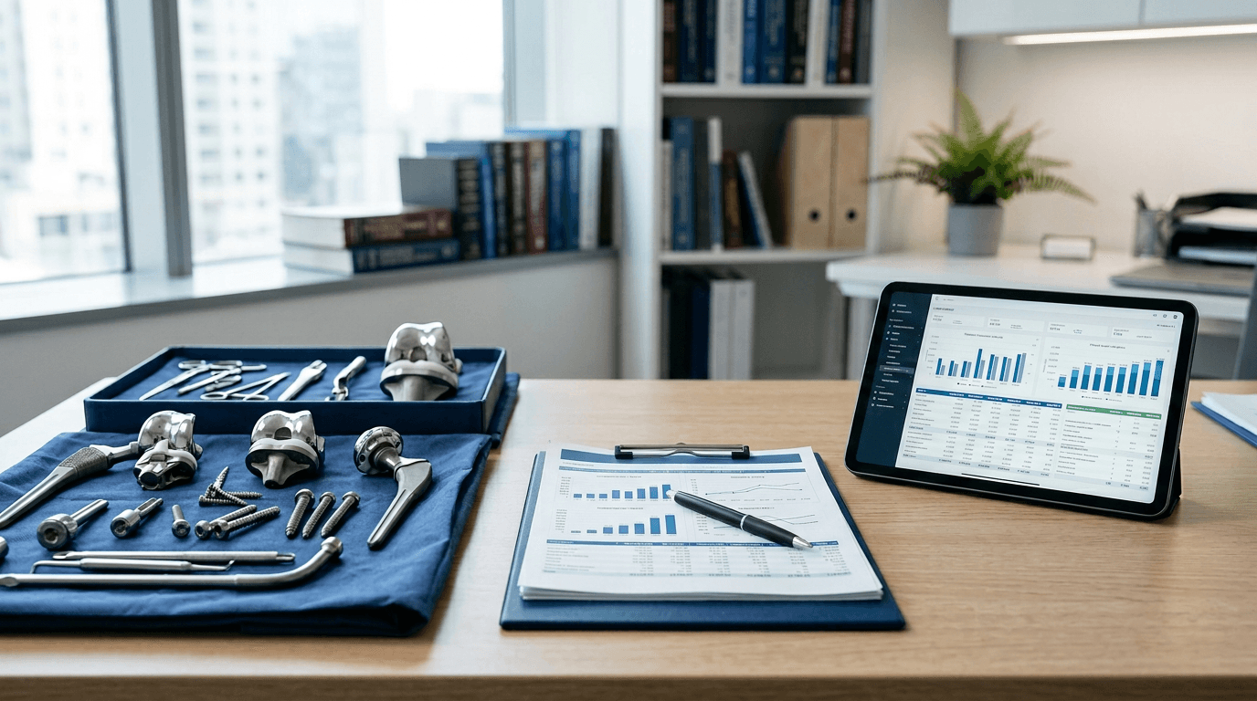 Medical device sales compensation planning documents, tablet, and orthopedic implant prototypes on a professional desk.