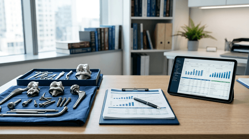 Medical device sales compensation planning documents, tablet, and orthopedic implant prototypes on a professional desk.