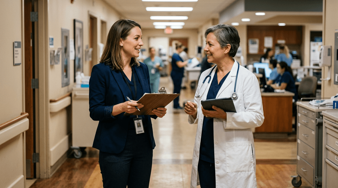 Physician liaison in business attire speaking with a clinician in a hospital corridor, clipboard and badge visible, authentic clinical setting.