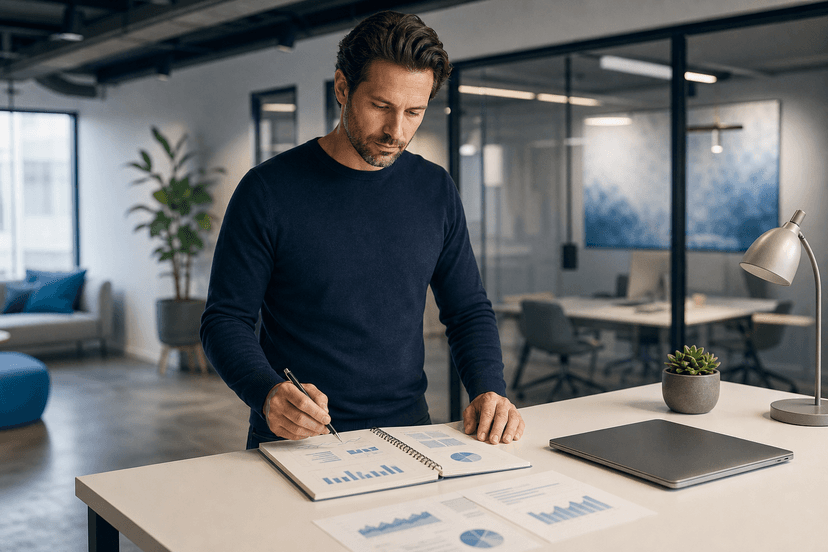 Health-tech founder sketching a sales compensation and quota plan on paper next to a laptop in a modern startup office.