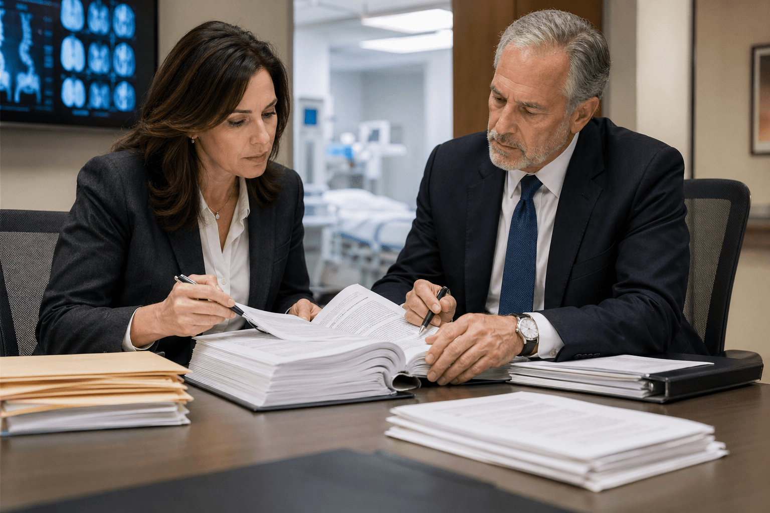 Healthcare compliance officer and legal counsel reviewing 1099 sales agreements on a boardroom table.