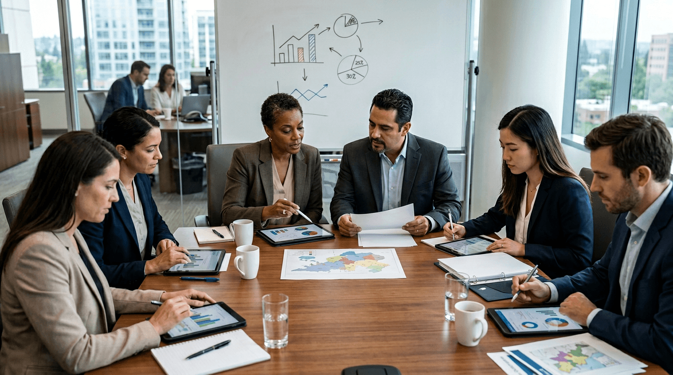 Pharmaceutical commercial leaders and contract sales reps planning territory execution and compliance in a business meeting.