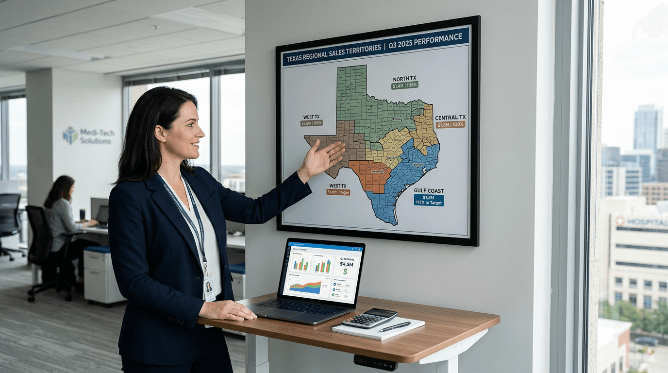 Medical device sales territory and revenue planning: map or dashboard in a professional healthcare sales setting.