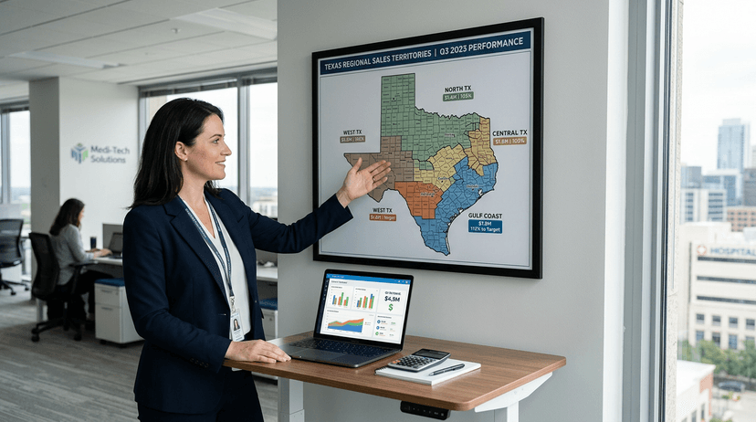 Medical device sales territory and revenue planning: map or dashboard in a professional healthcare sales setting.