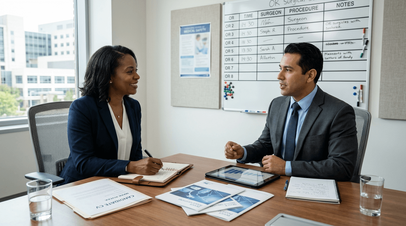 Medical device sales hiring manager interviewing a candidate in a professional hospital-adjacent conference room with subtle clinical context.