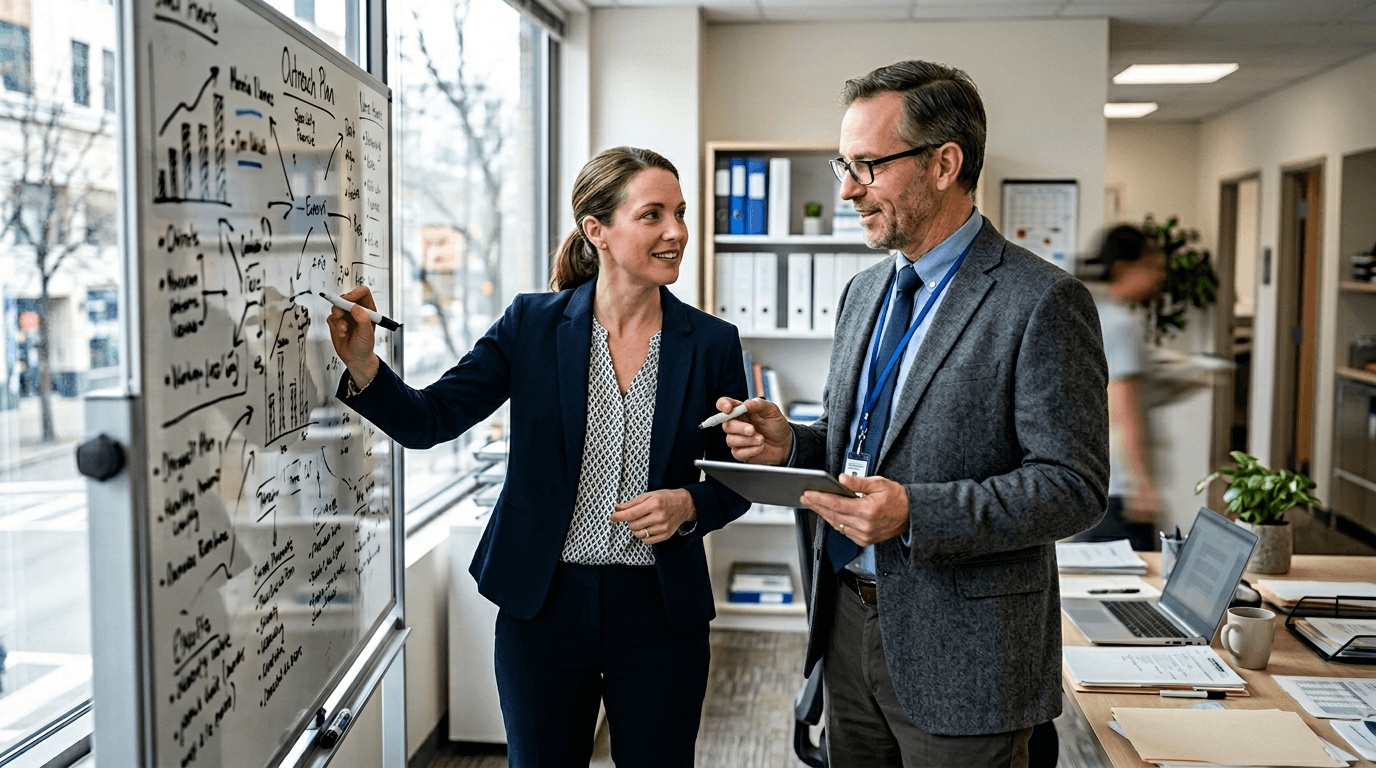 Physician liaison and specialty practice leader collaborating on referral outreach planning in a clinical office environment.