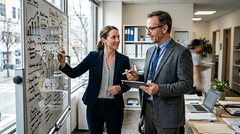 Physician liaison and specialty practice leader collaborating on referral outreach planning in a clinical office environment.