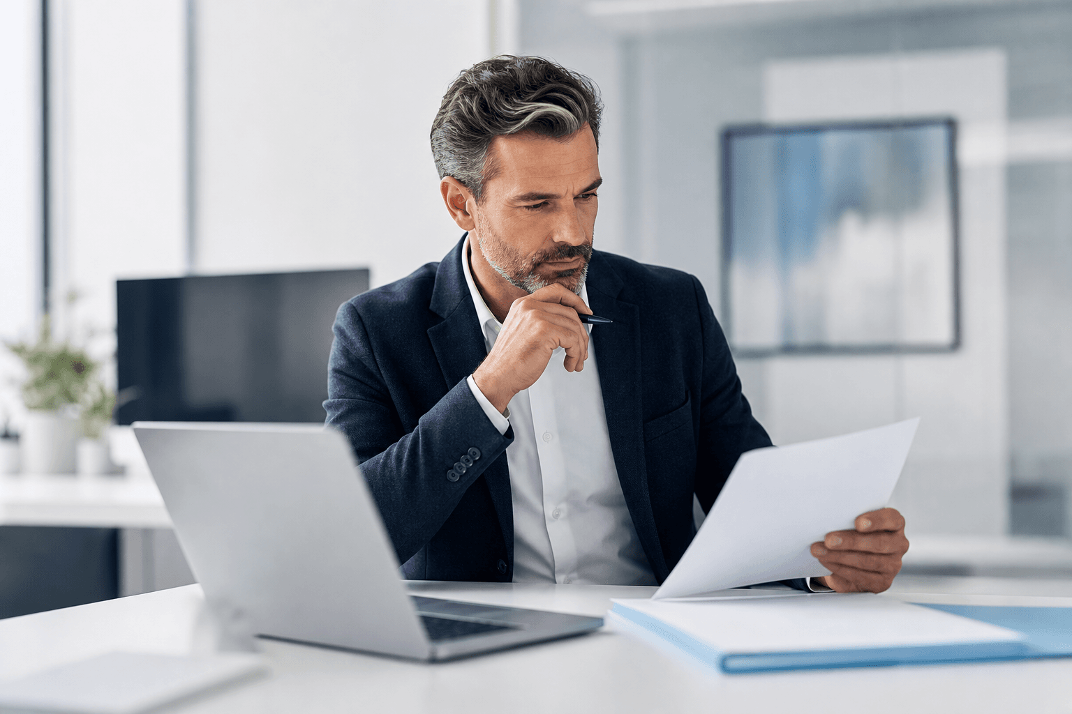 Healthcare commercial leader reviewing contract sales organization pricing proposals at a desk with documents and a laptop.