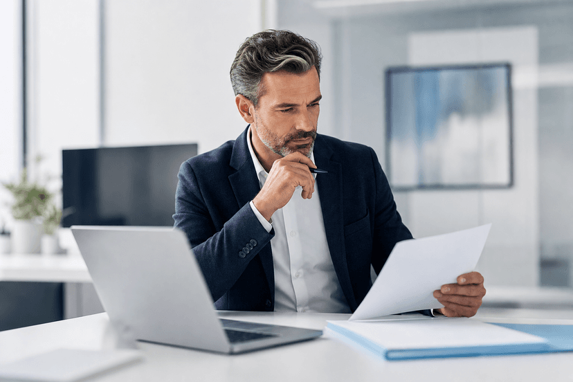 Healthcare commercial leader reviewing contract sales organization pricing proposals at a desk with documents and a laptop.