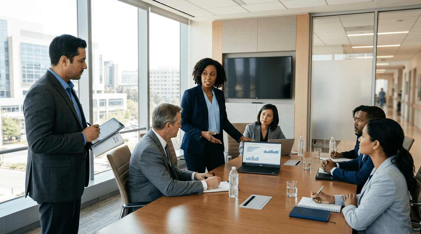 Hospital physician liaison and physician relations manager reviewing referral strategy with healthcare leadership in a modern conference room.