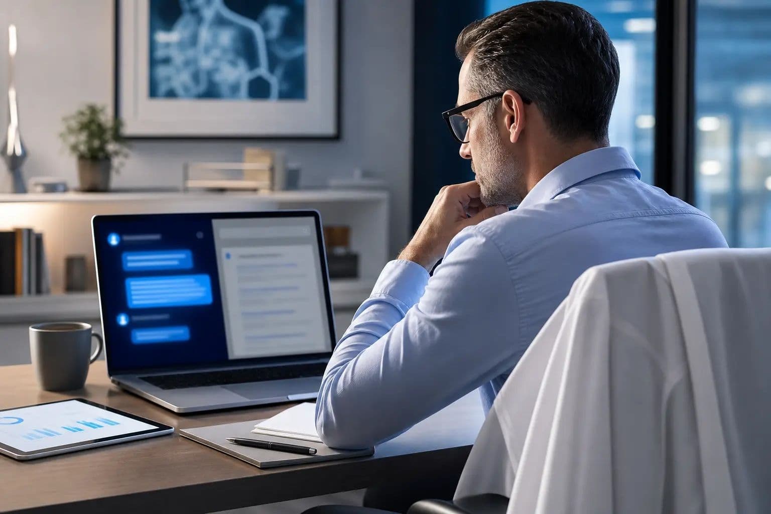 A healthcare professional sitting at a desk looking at an AI chat assistant on a laptop screen.