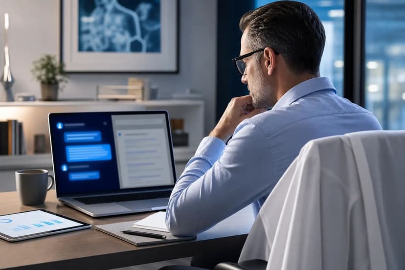 A healthcare professional sitting at a desk looking at an AI chat assistant on a laptop screen.