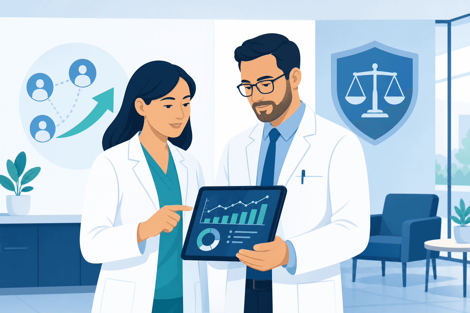Healthcare professionals reviewing physician liaison referral growth metrics in a modern clinical setting.