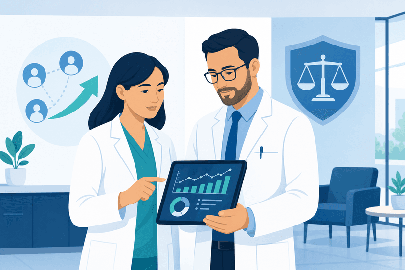 Healthcare professionals reviewing physician liaison referral growth metrics in a modern clinical setting.