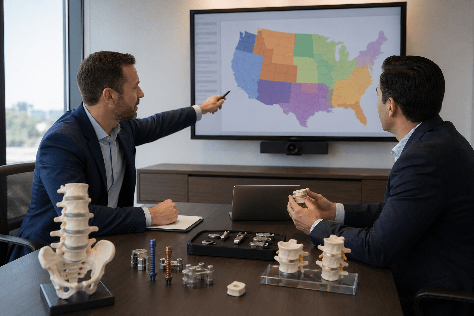 Medical device sales executives reviewing territory maps and clinical prototypes in a modern conference room.
