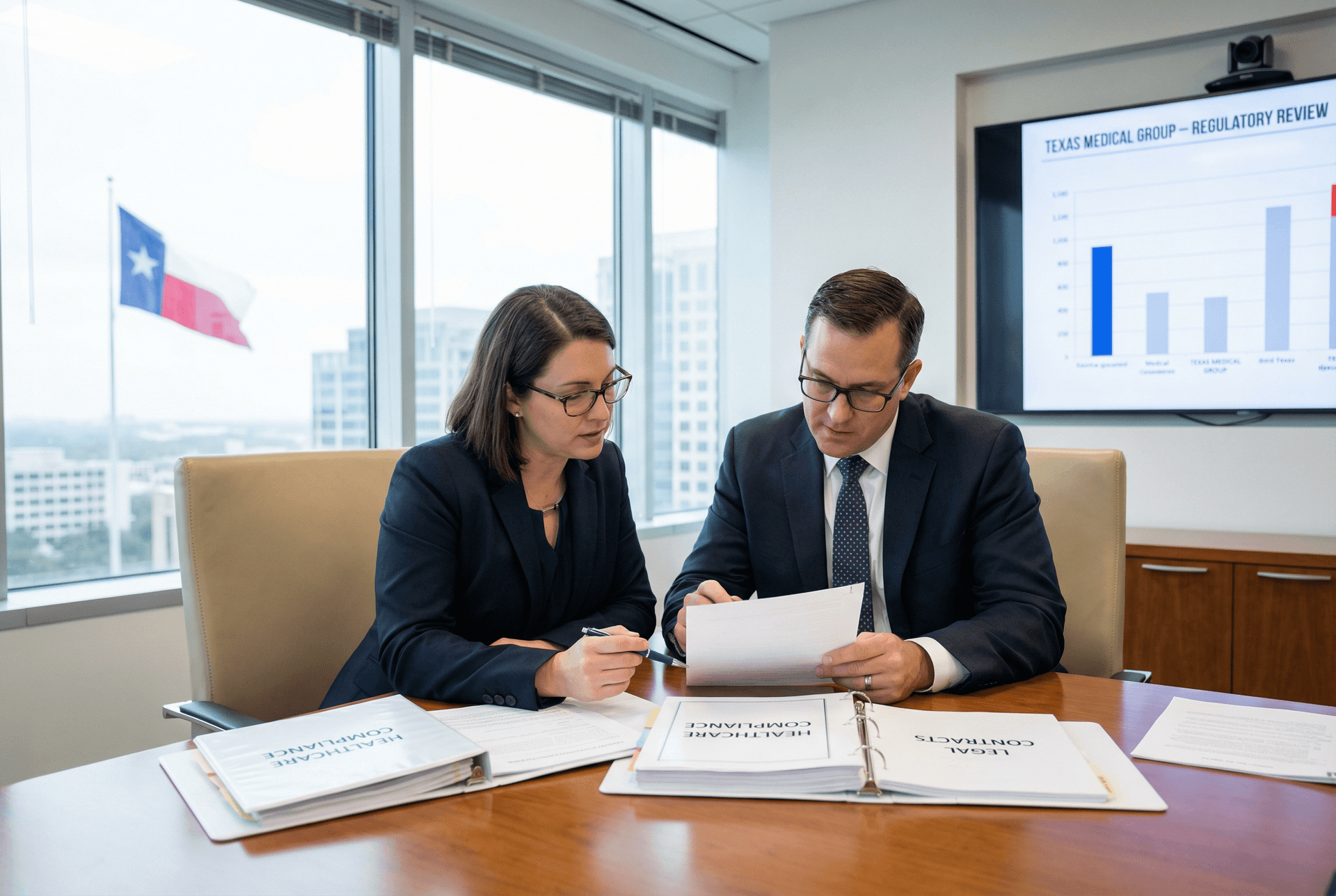 Professional compliance and contract review in healthcare; business meeting in Texas corporate setting.