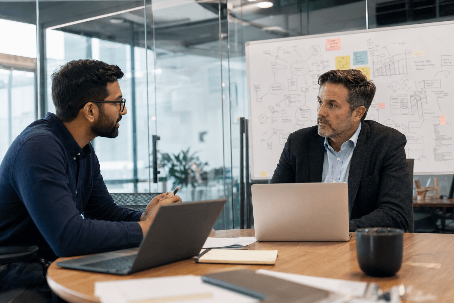 Digital health startup founder interviewing an experienced healthcare sales professional in a modern office.