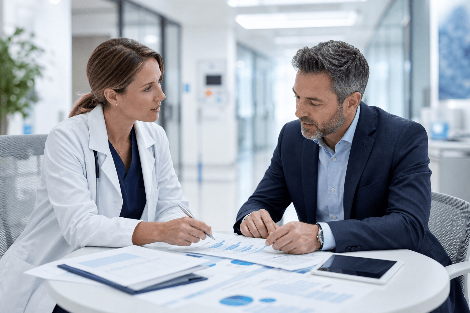 Physician liaison and hospital administrator discussing referral program growth in a bright modern healthcare office.