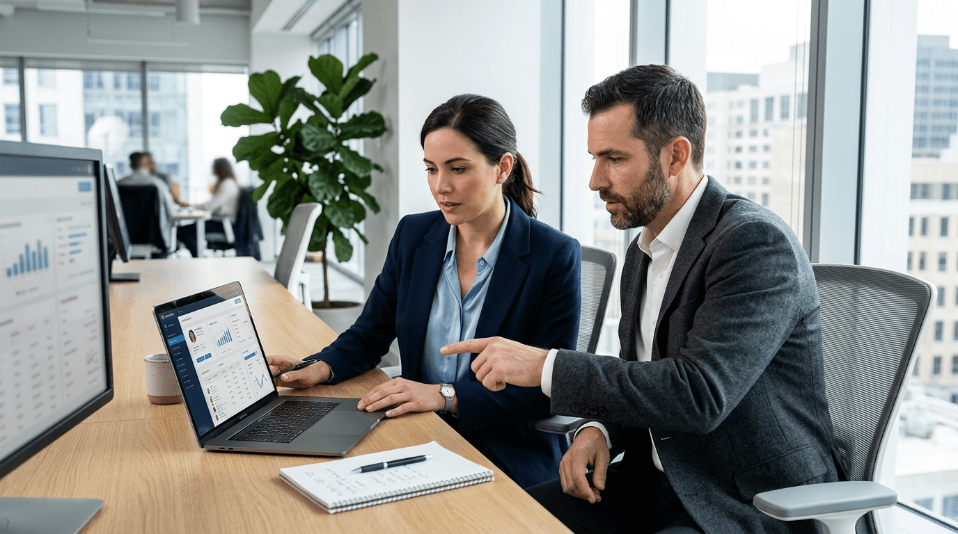 Hiring manager and recruiter reviewing health tech sales candidate profiles together at a laptop in a bright modern office.