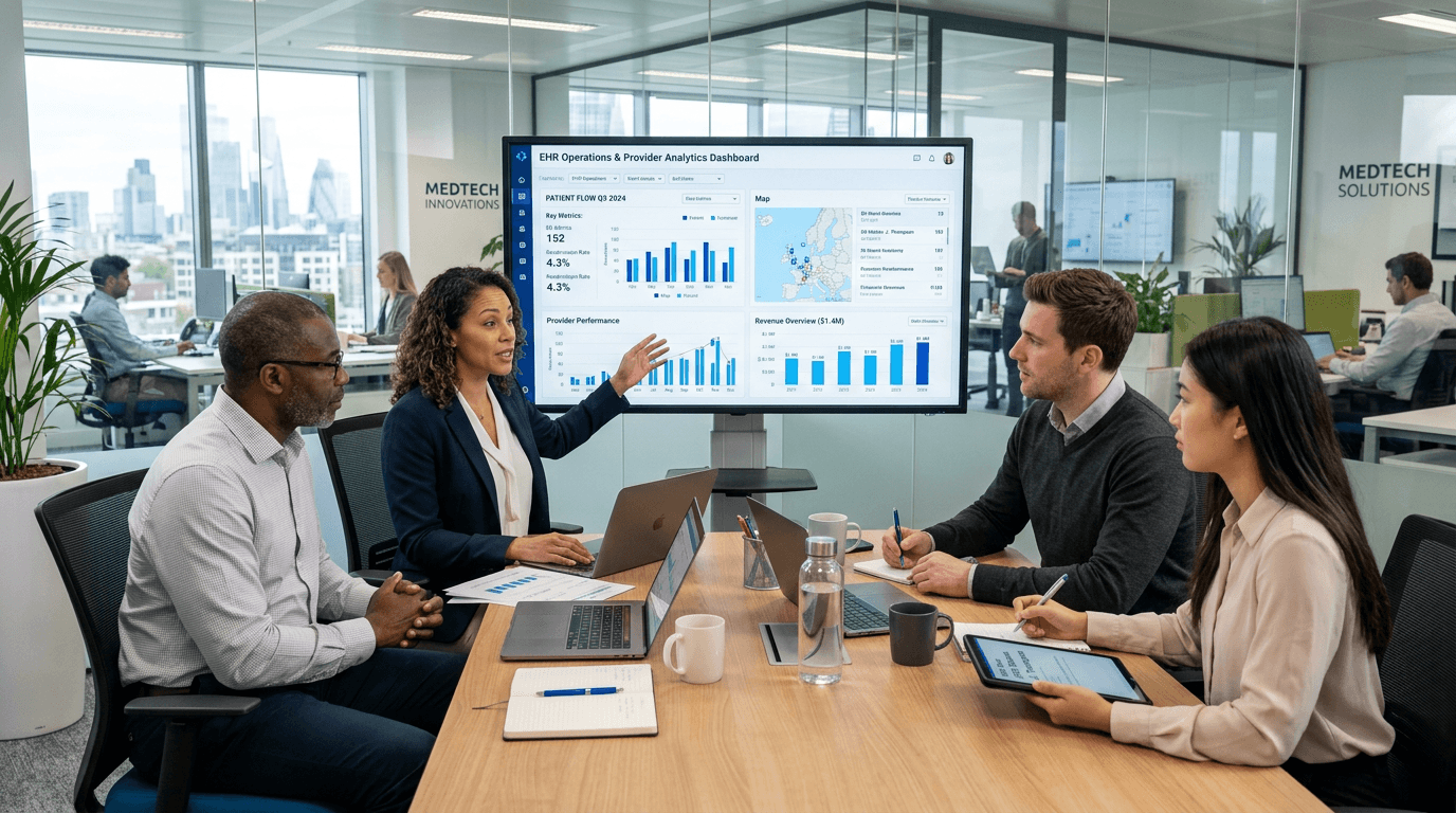 Healthcare technology and software sales professionals in a modern office with digital dashboards and collaboration.