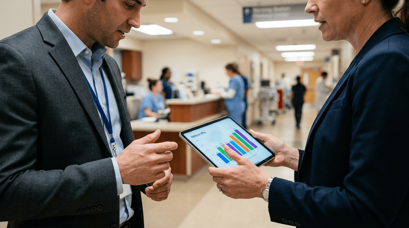 Hospital administrator and physician liaison reviewing referral KPI dashboard charts on a tablet.