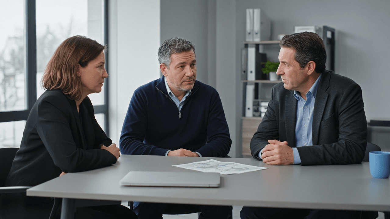 Two independent medical sales contractors reviewing a territory plan with a hiring manager in a small healthcare company office.