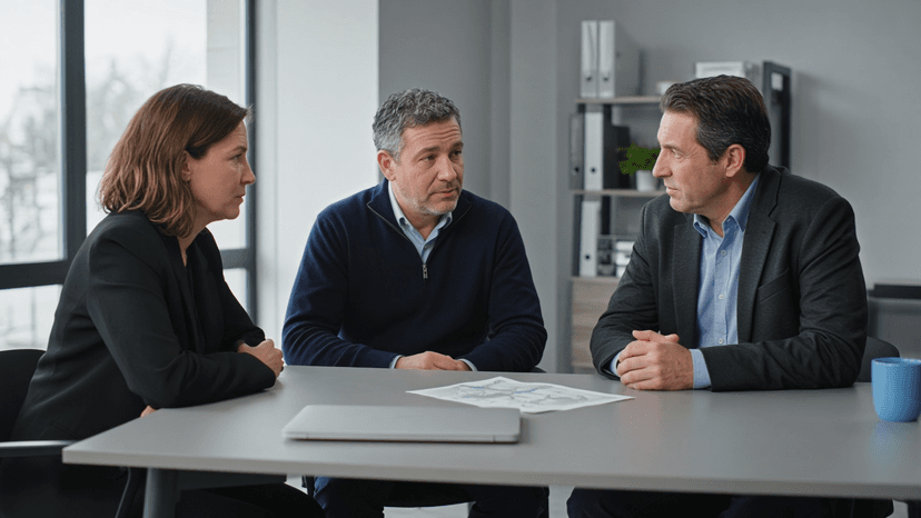 Two independent medical sales contractors reviewing a territory plan with a hiring manager in a small healthcare company office.