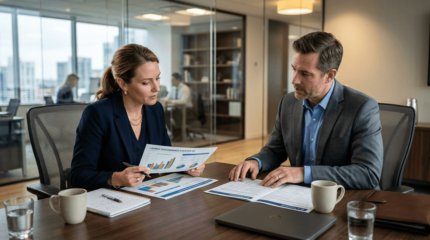 Pharma commercial team evaluating a contract sales organization agreement and launch performance criteria in a conference room.