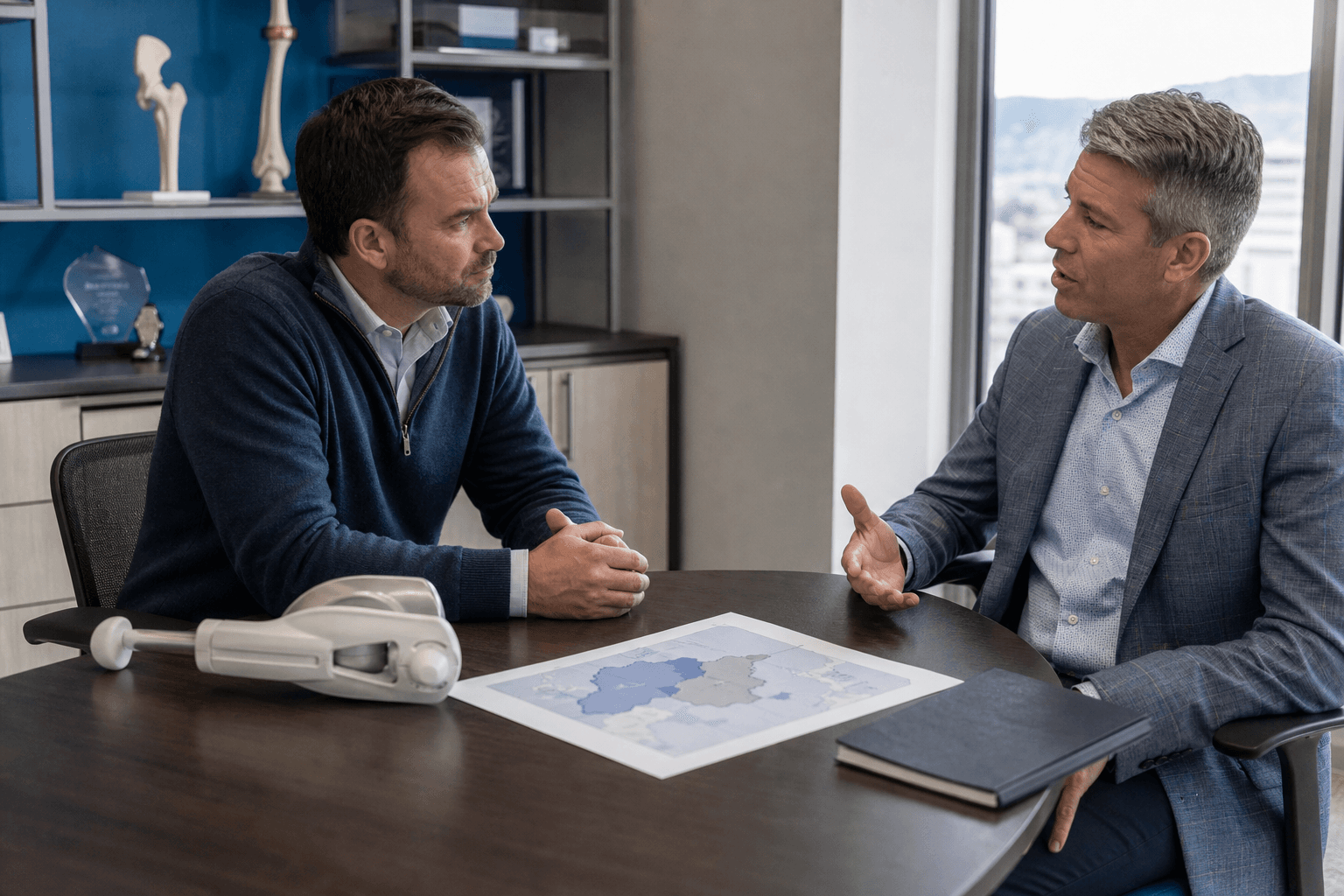 Medical device hiring manager and an independent 1099 sales representative reviewing a territory plan and a device sample in a medtech office.