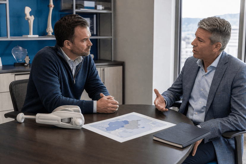 Medical device hiring manager and an independent 1099 sales representative reviewing a territory plan and a device sample in a medtech office.