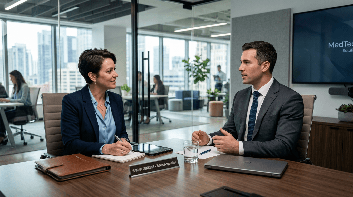 Professional hiring and recruitment in medical sales, manager and candidate in a modern office interview setting.