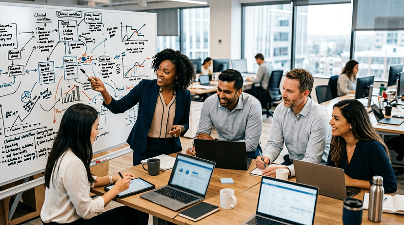 Diverse healthcare software sales team collaborating around a whiteboard discussing health system sales strategy.