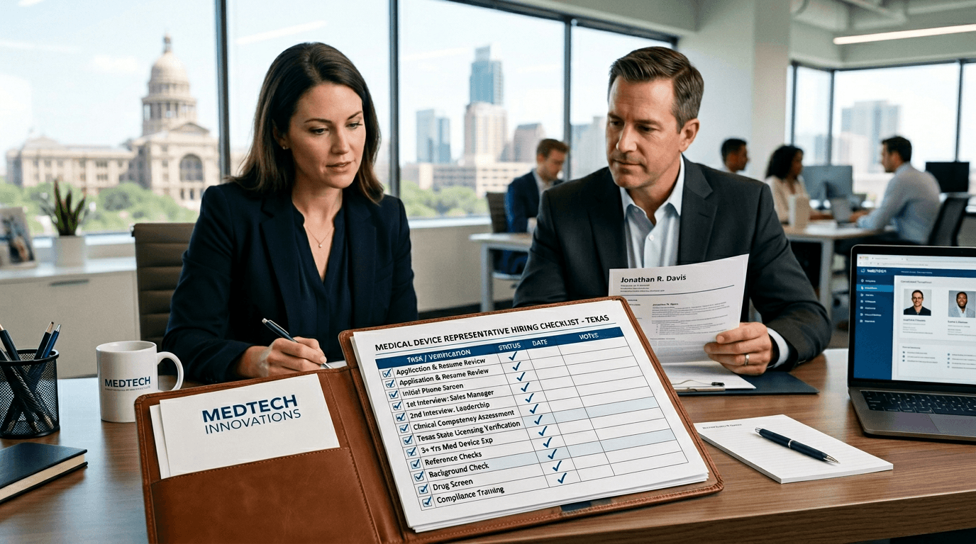 Device rep hiring checklist; verification and vetting steps for medical device sales hiring.