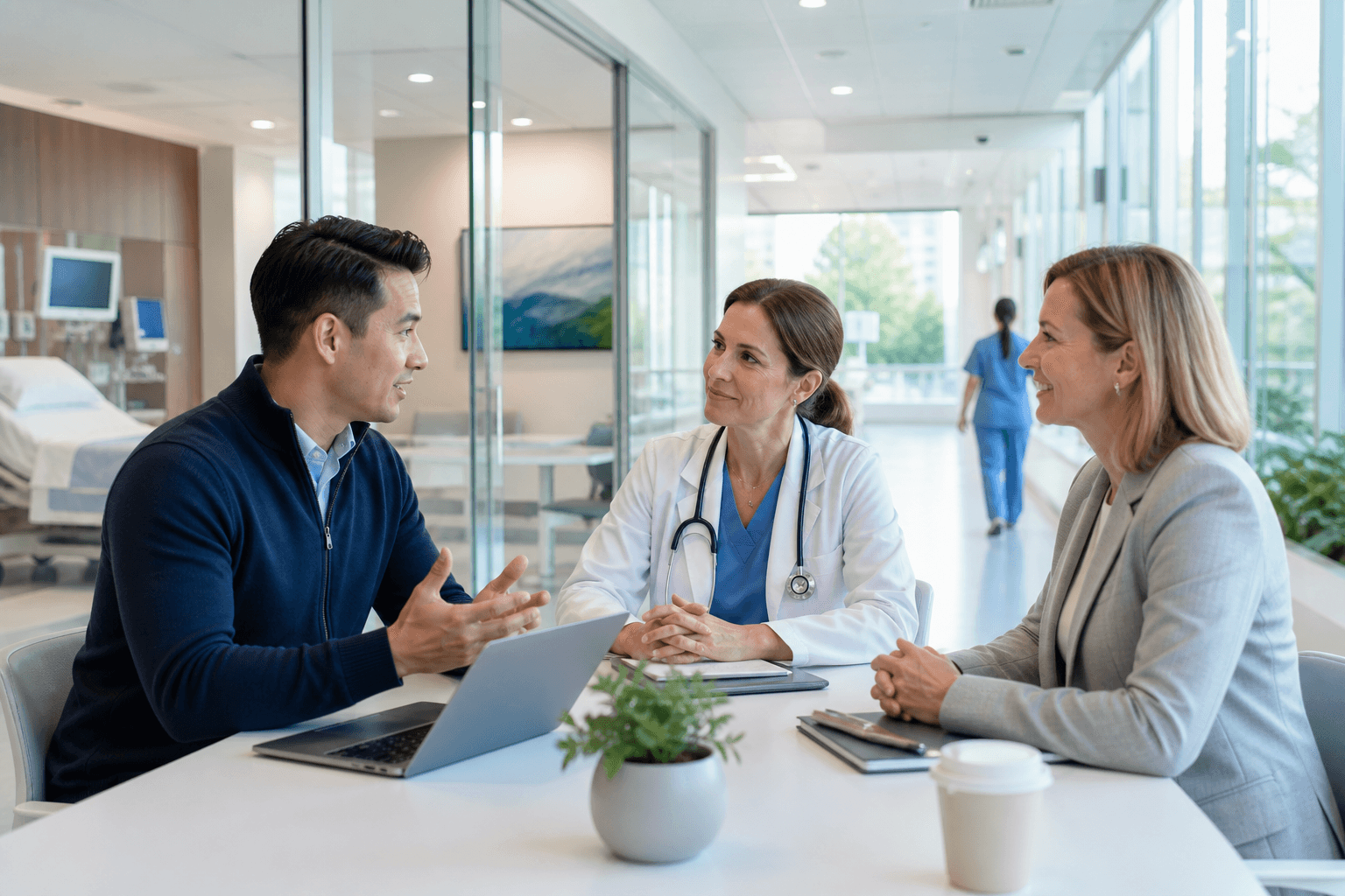 Health-tech founder meeting with a clinician and hospital administrator about adopting new software for a first provider customer pilot.