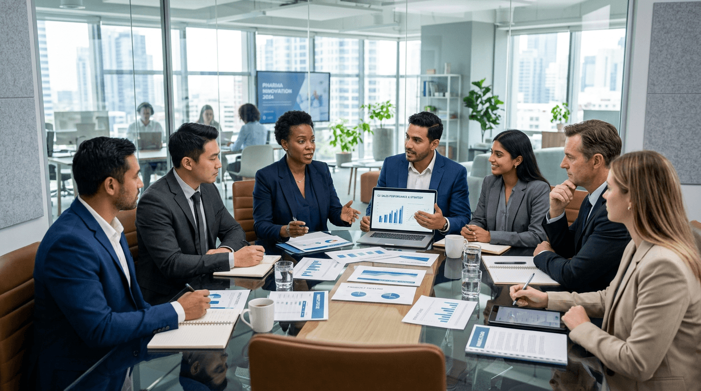 Pharmaceutical sales and healthcare business professionals in a modern office meeting, discussing strategy and materials.